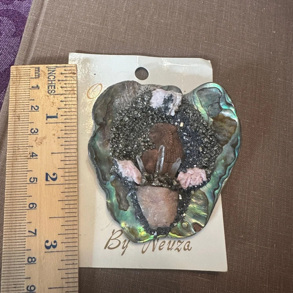 Vintage 90s Artisanal Abalone & Crystal Egyptian Brooch, NWT - Picture 3 of 5